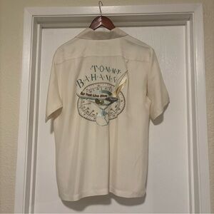 Tommy Bahama 100% Silk Embroidered Men's Shirt Sail Fast Live Slow Beige STAINS